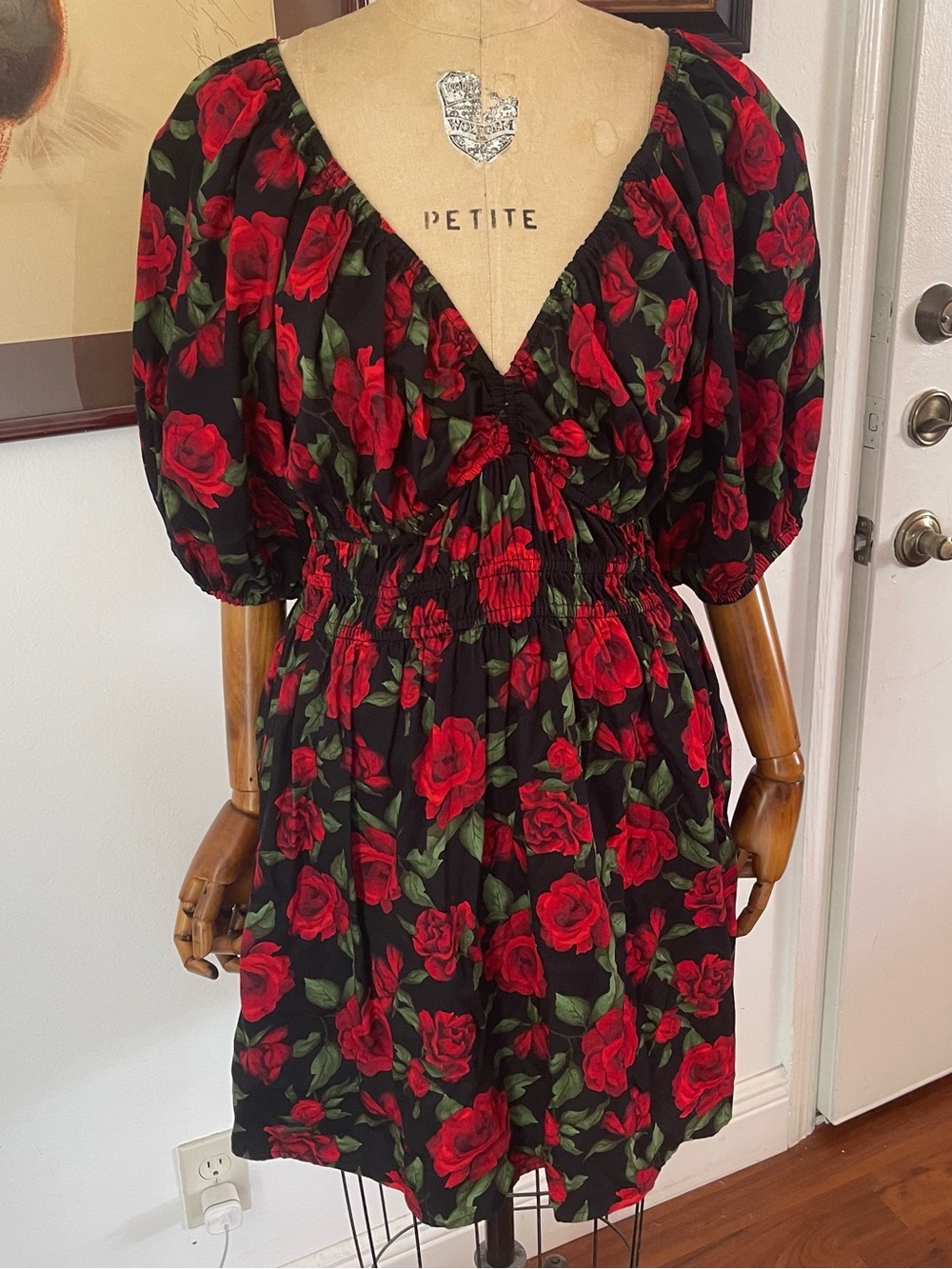 Old Navy Black Mini Dress with Red Rose Print